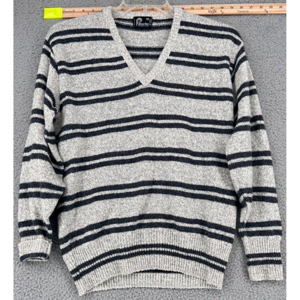VTG Panache Women's V-neck Wool Blend Grey & Black Sweater Size M Made in U.S.A.